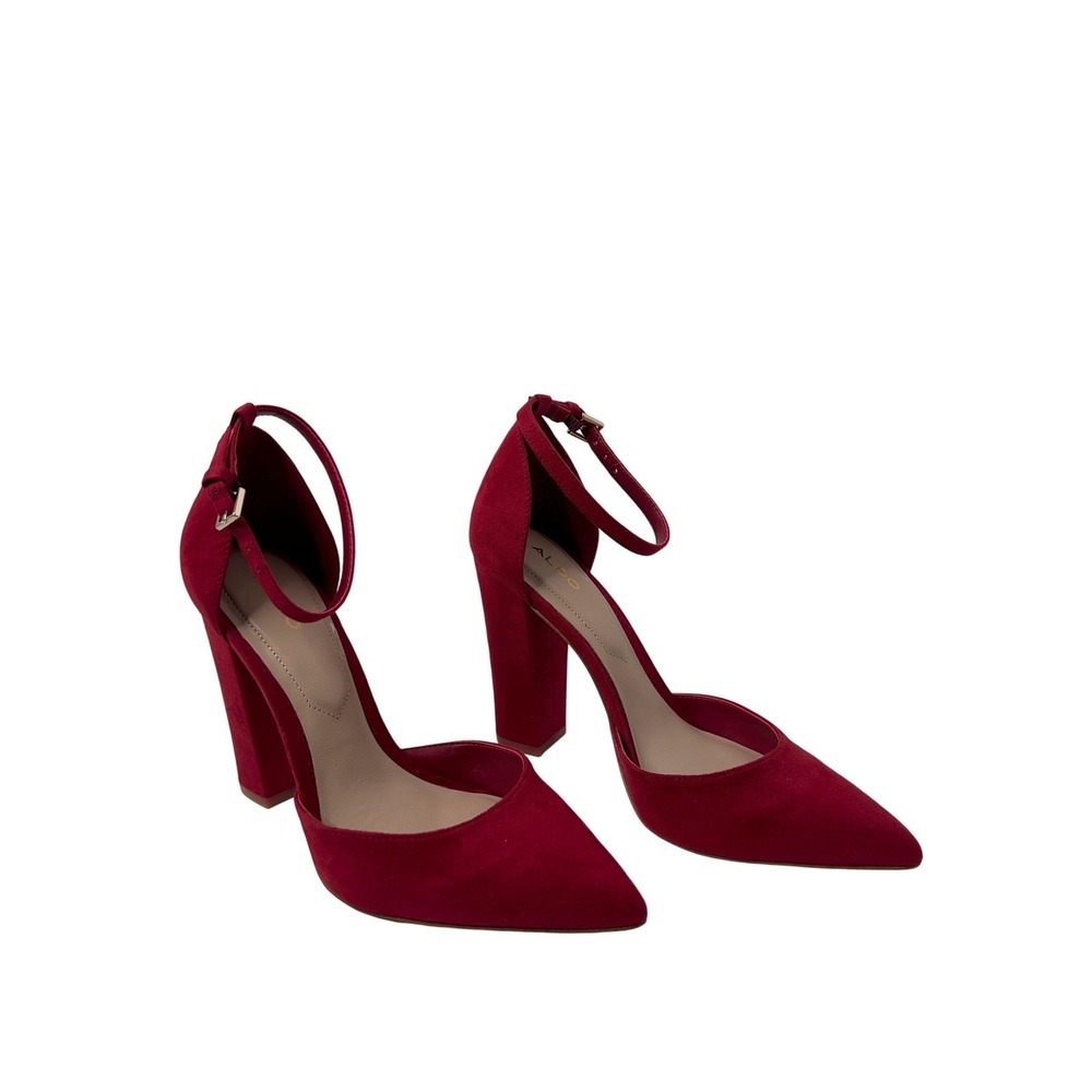 ALDO Women Red Suede Ankle Strap Block Heel Pointed Toe Pumps Size 6 - Picture 7 of 16